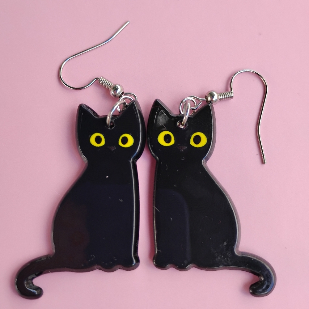 Halloween Collection Black and White Cat Earrings 18k Gold Plated French Hooks